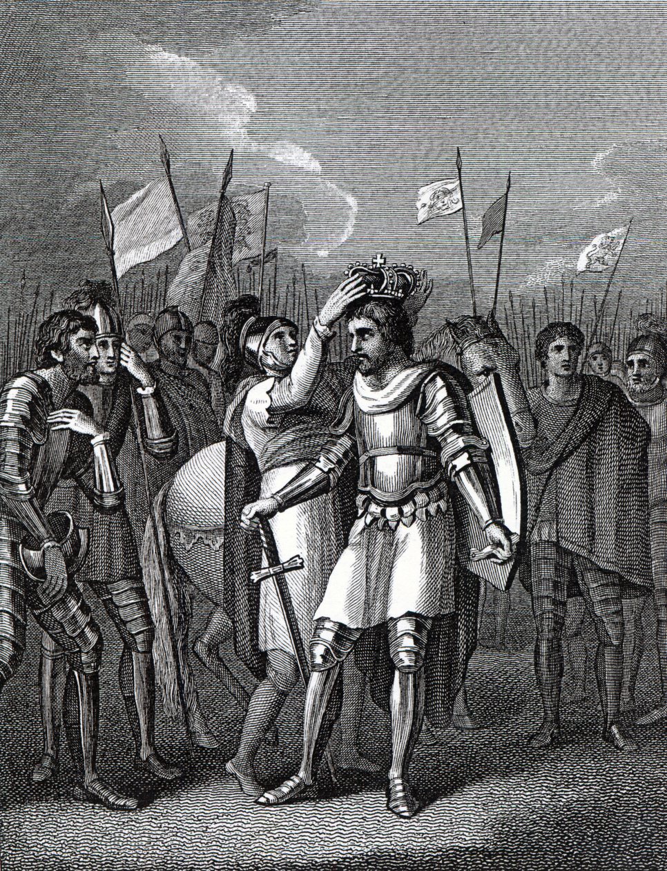Earl of Richmond valitsi kuninkaaksi Bosworthin taistelun jälkeen David Humen ja Tobias Smollettin Englannin historiasta, 1804 tekijältä English School