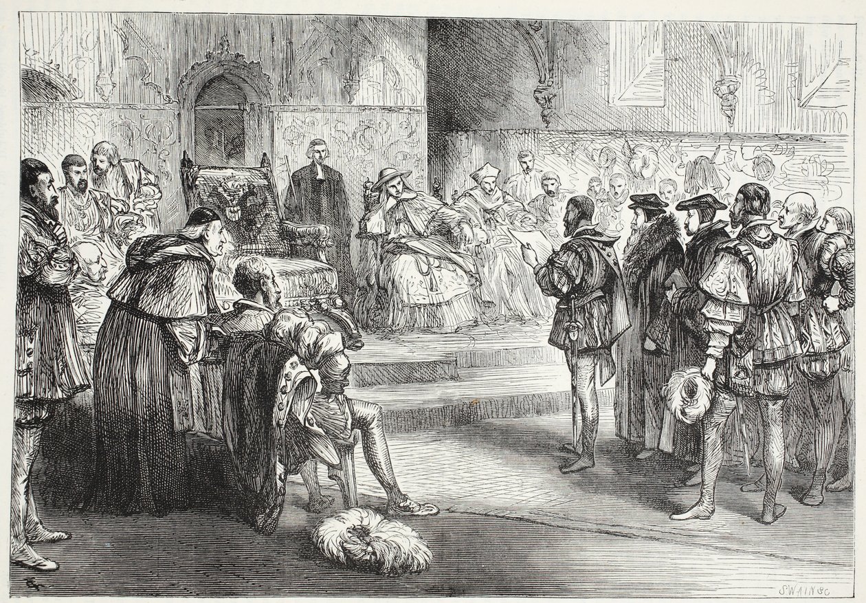 Saksin vaaliruhtinas lukee protestia Spiresin valtiopäivillä, esimerkki James Aitken Wylien (1808-1890) teoksesta The History of Protestantism, pub. 1878 tekijältä English School