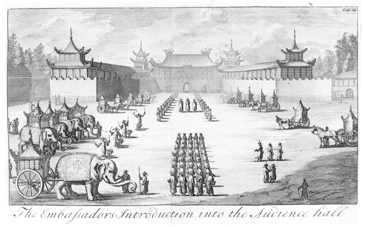 Suurlähettiläiden esittely Audience Hallissa: vastaanotto Kiinan keisarillisen palatsin Pekingissä tsaari Pietari Suuren suurlähetystölle, jota johtaa Evert Isbrandz. Ides, kolme vuotta matkaa Mo tekijältä English School