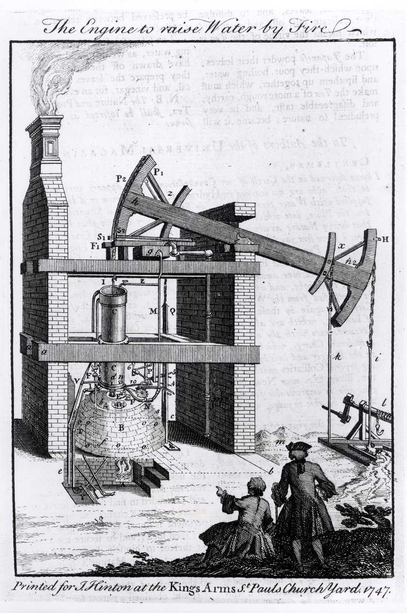 The Engine to Raise Water by Fire, kaavio Newcomenin höyrykoneesta Universal Magazinelle, 1747 tekijältä English School