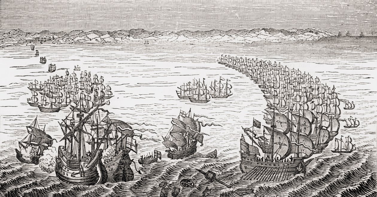 Sir Francis Draken komentama englantilainen laivasto hyökkäsi Espanjan Armadaan vuonna 1588, Lord Broughamin ja muiden "Old England