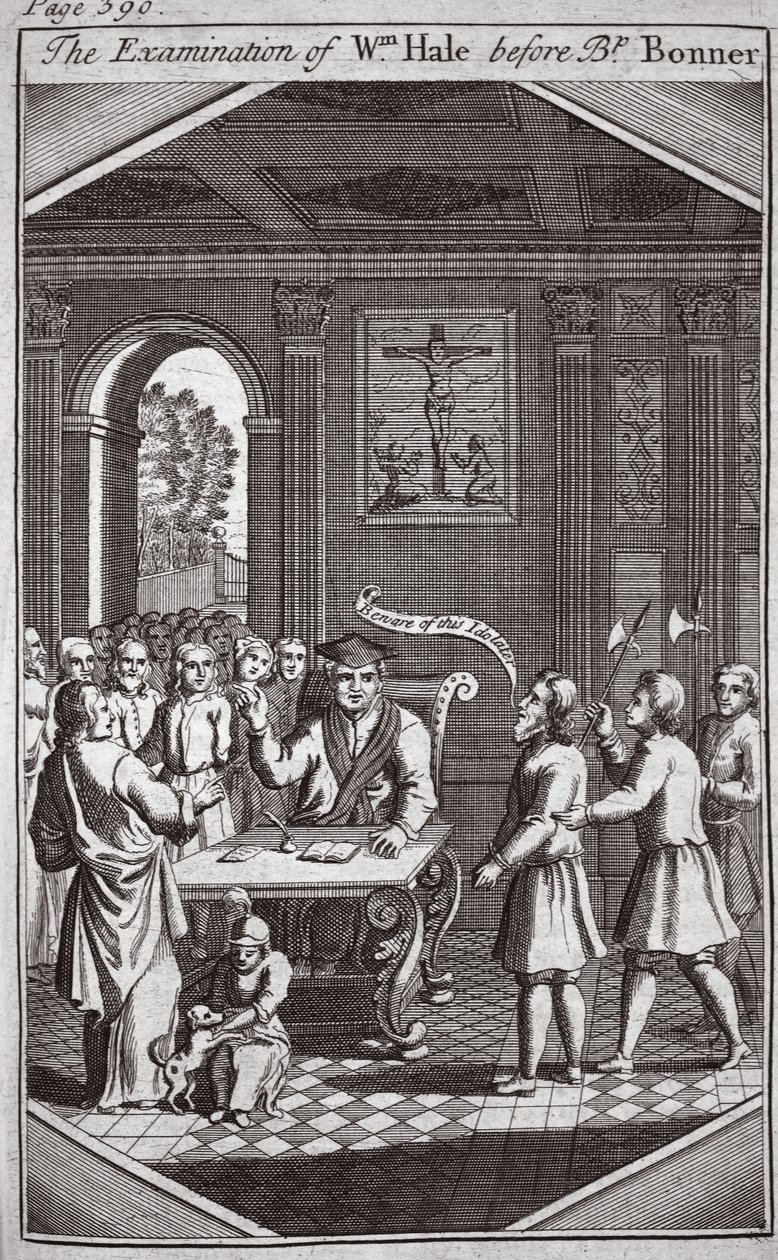 Wm Halen tutkiminen piispa Bonnerin edessä, kuvitus teoksesta Foxes Martyrs n. 1703 tekijältä English School