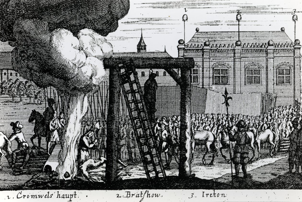 Oliver Cromwellin, John Bradshawin ja Henry Iretonin teloitus, n. 1661 tekijältä English School
