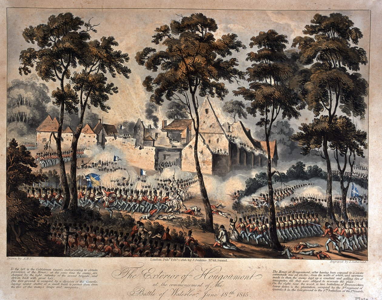 Hougoumontin ulkopuoli Waterloon taistelun alkaessa, 18. kesäkuuta 1815, kaivertanut T. Sutherland, julkaistu 1816 (akvatinta) tekijältä English School