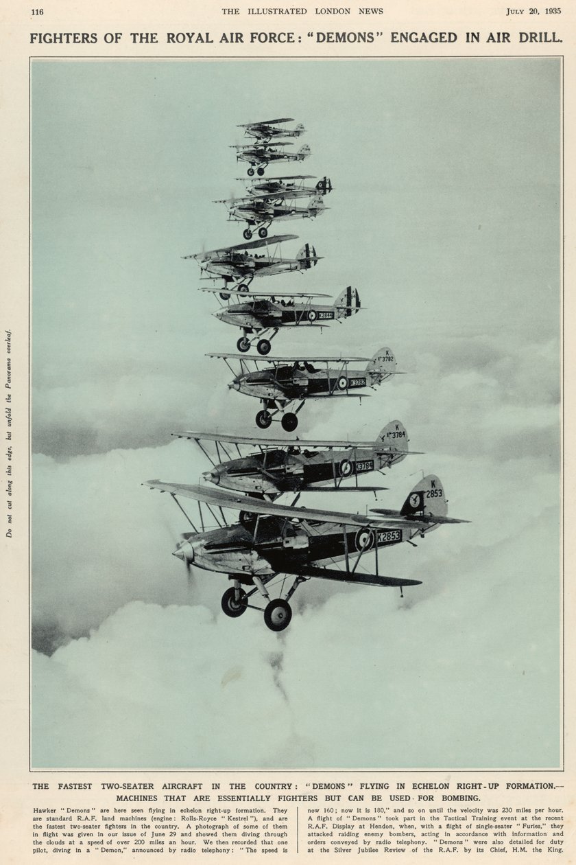 Maan nopein kaksipaikkainen lentokone: Demonit lentävät echelon-muodostelmassa, The Illustrated London News Royal Naval and Military Number, 20. heinäkuuta 1935 tekijältä English School