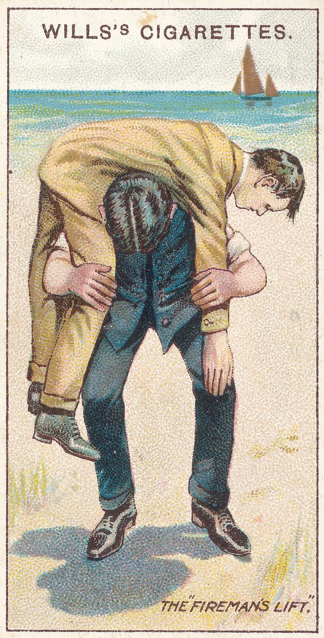 Firemans Lift No.1, nro 18 Willss-savukekorttien First Aid -sarjasta, 1913 tekijältä English School