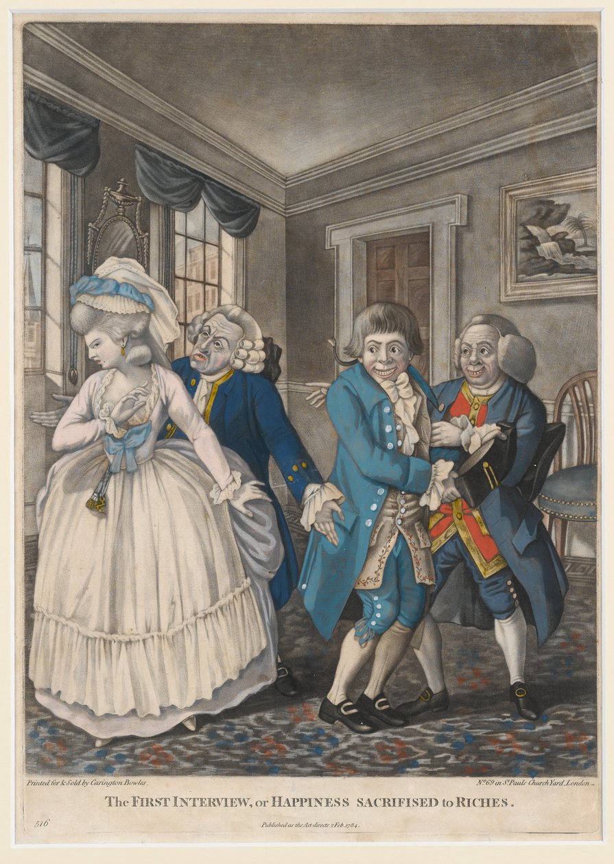 Ensimmäinen haastattelu eli rikkauksille uhrattu onnellisuus, 1784 (käsinvärinen mezzotint) tekijältä English School