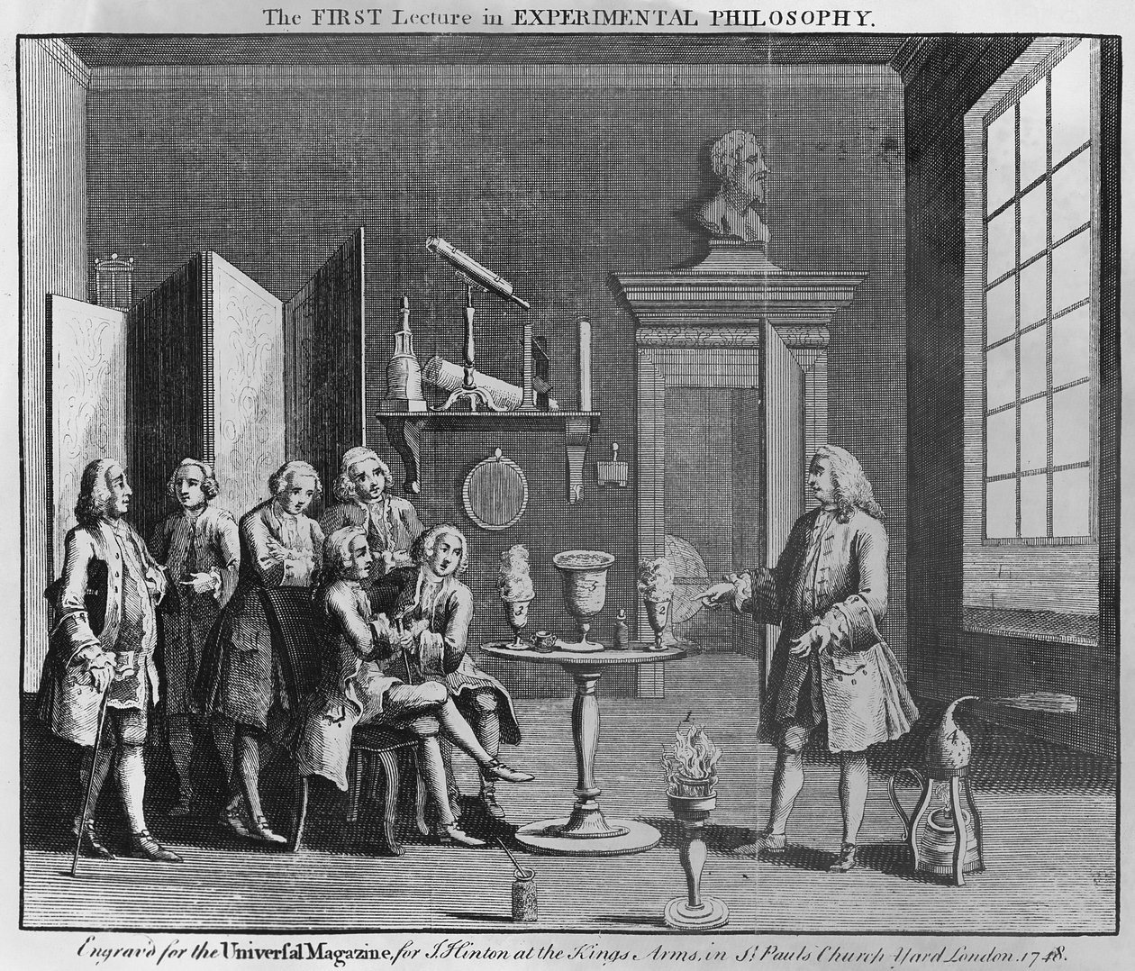 Ensimmäinen kokeellisen filosofian luento, kaiverrettu Universal Magazine -lehteä varten, 1748 tekijältä English School
