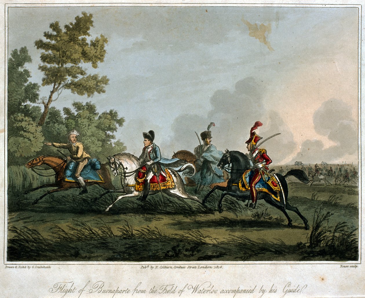 Bonaparten lento (1769-1821) Waterloon kentältä vuosina 1815, 1817 (akvatinta) tekijältä English School