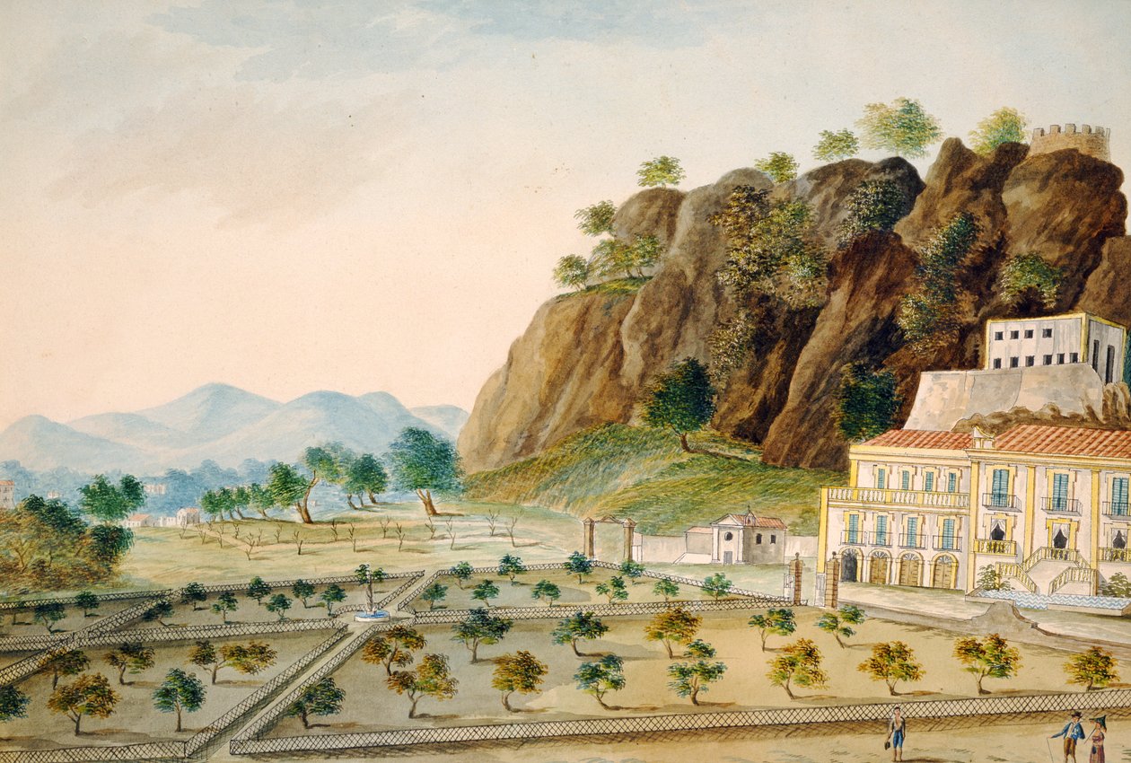 Muodollinen puutarha La Favoritassa tai Palazzo Cinesessä Palermossa, suunniteltu kuningas Fernando IV:lle, n. 1815 (wc paperilla) tekijältä English School