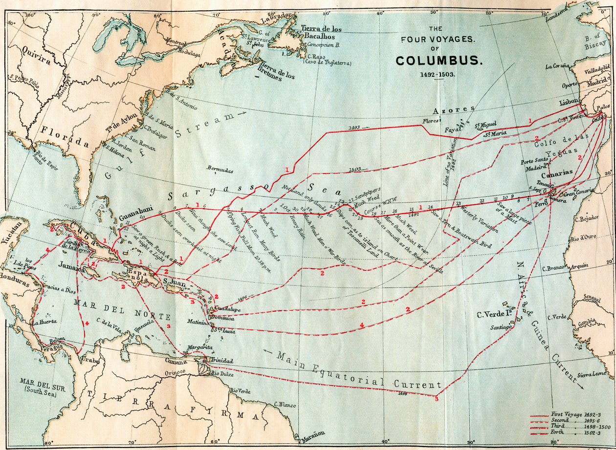 Kristoffer Kolumbuksen neljä matkaa, Clements R. Markhamin "Life of Christopher Columbus" -teoksesta, julkaistu 1892 (värilitro). tekijältä English School