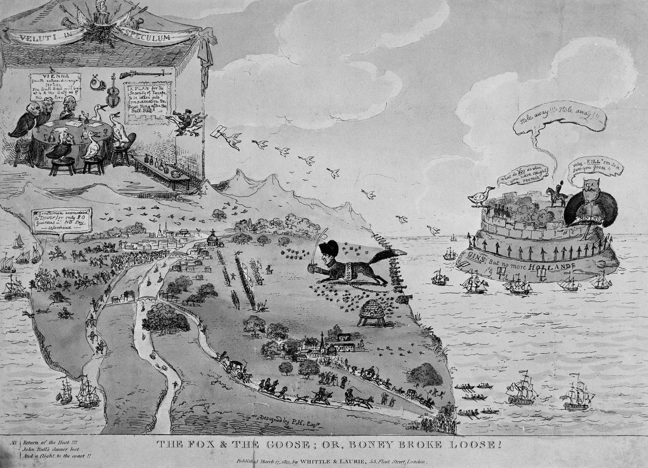 Kettu ja hanhi, karikatyyri Napoleonista (1769-1861) pakenemassa Elbasta, 1815 tekijältä English School