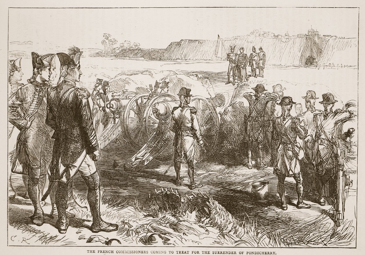 Ranskan komissaarit tulevat hoitamaan Pondicherryn antautumista, esimerkki James Grantin Cassells Illustrated History of Indiasta, pub. 1879 tekijältä English School