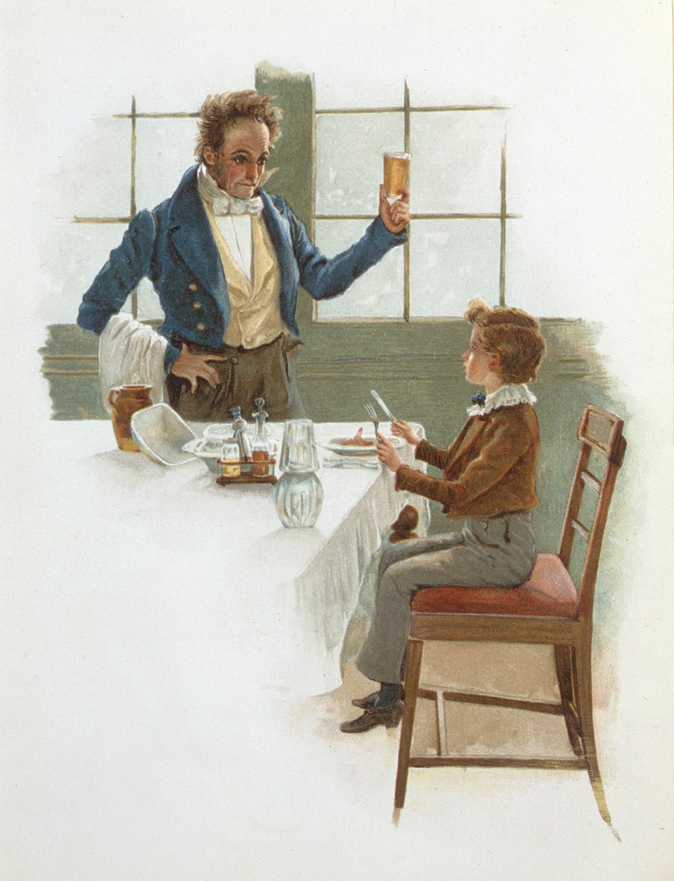 Ystävällinen tarjoilija, Charles Dickensin (1812-70) kuvitus David Copperfieldille (1850) tekijältä English School
