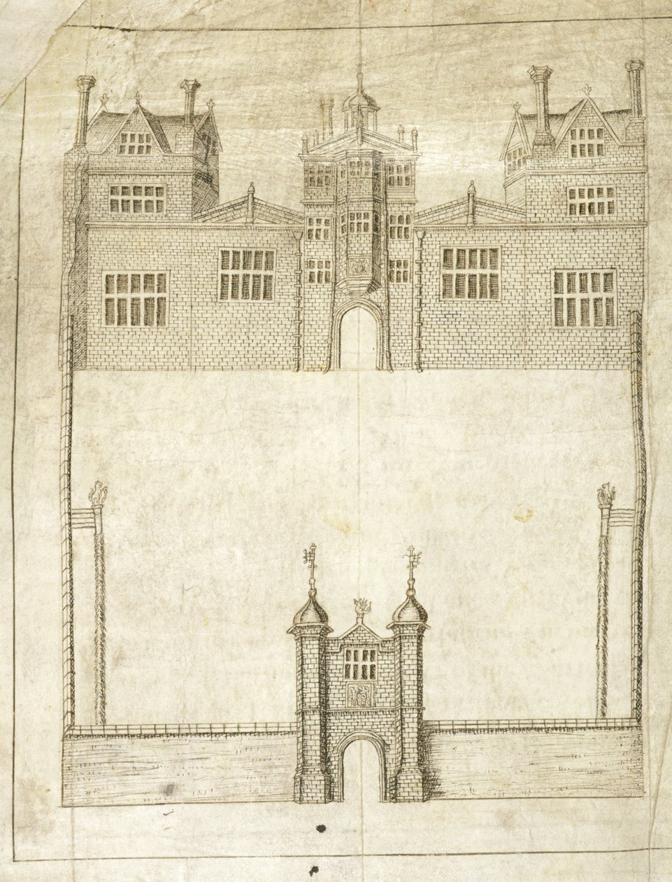 The Front of Wilton House, yksityiskohta Survey of Lands for the 1st Earl of Pembroke, 1566 (kynä ja muste vellum) tekijältä English School