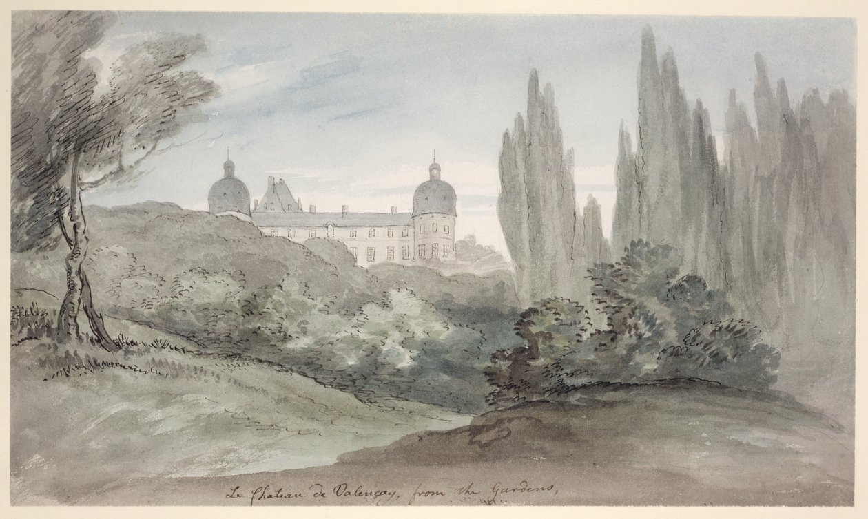 The Gardens of the Chateau of Valencay, n. 1770 (kynä ja muste ja wc paperilla) tekijältä English School