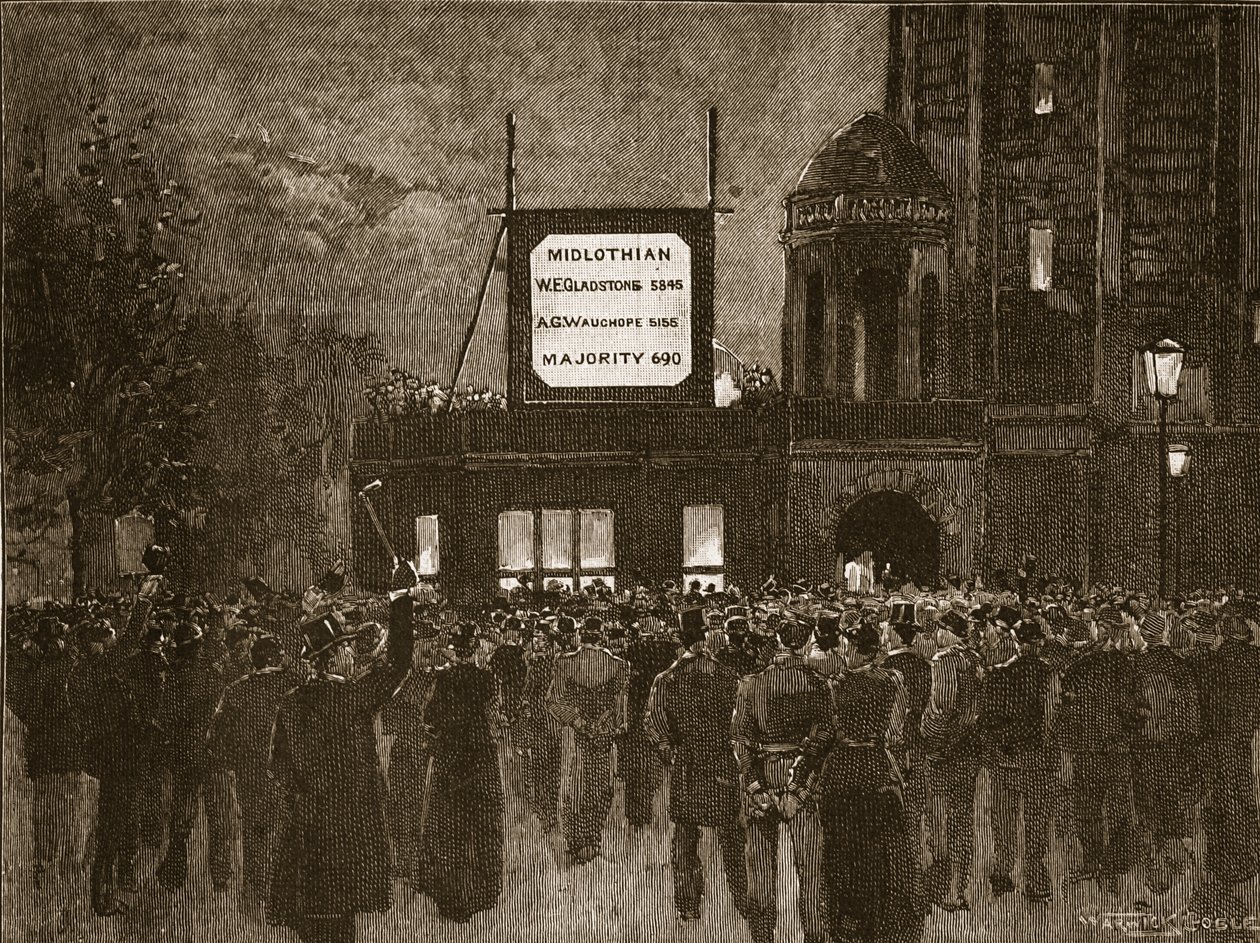 Vuoden 1892 yleisvaalit: Tulosten julkistaminen National Liberal Clubissa, kuvitus Cassells Illustrated History of Englandista (seepiakuva) tekijältä English School