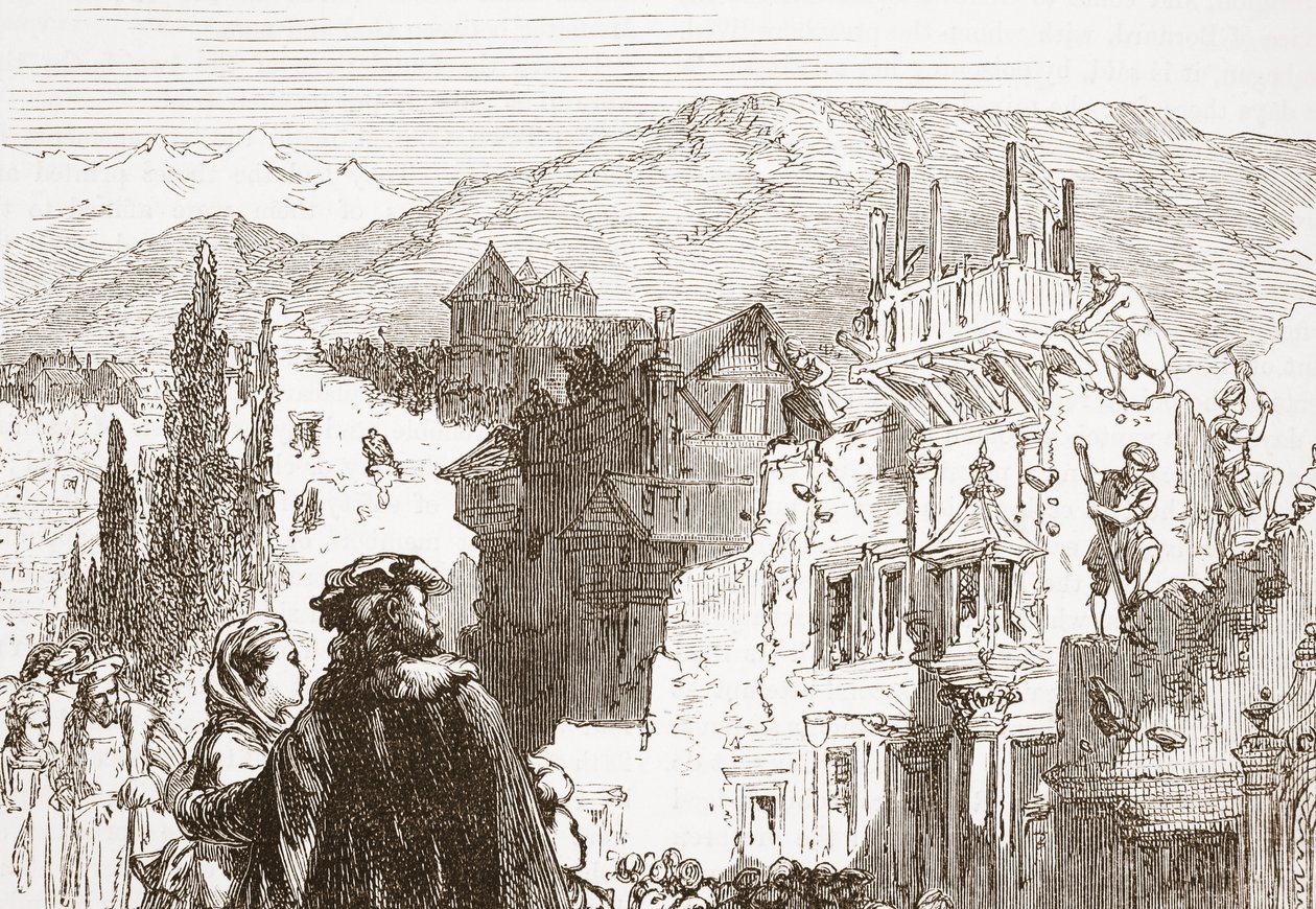 Genevalaiset tuhoavat kaupunkinsa esikaupunkialueita, esimerkki James Aitken Wylien (1808-1890) Protestantismin historiasta, pub. 1878 tekijältä English School