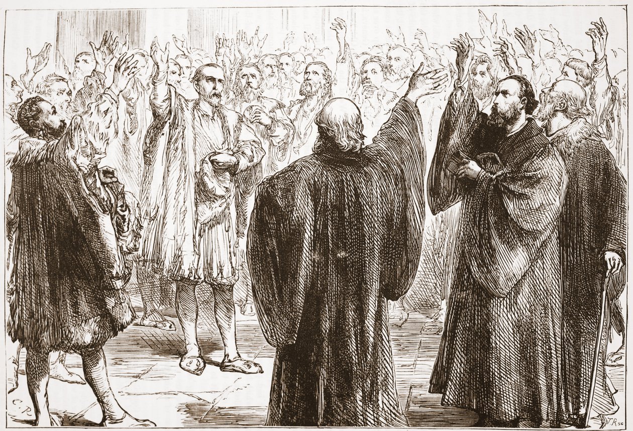 Genevalaiset vannovat luopuvansa romanismista, esimerkki James Aitken Wylien (1808-1890) teoksesta The History of Protestantism, pub. 1878 tekijältä English School