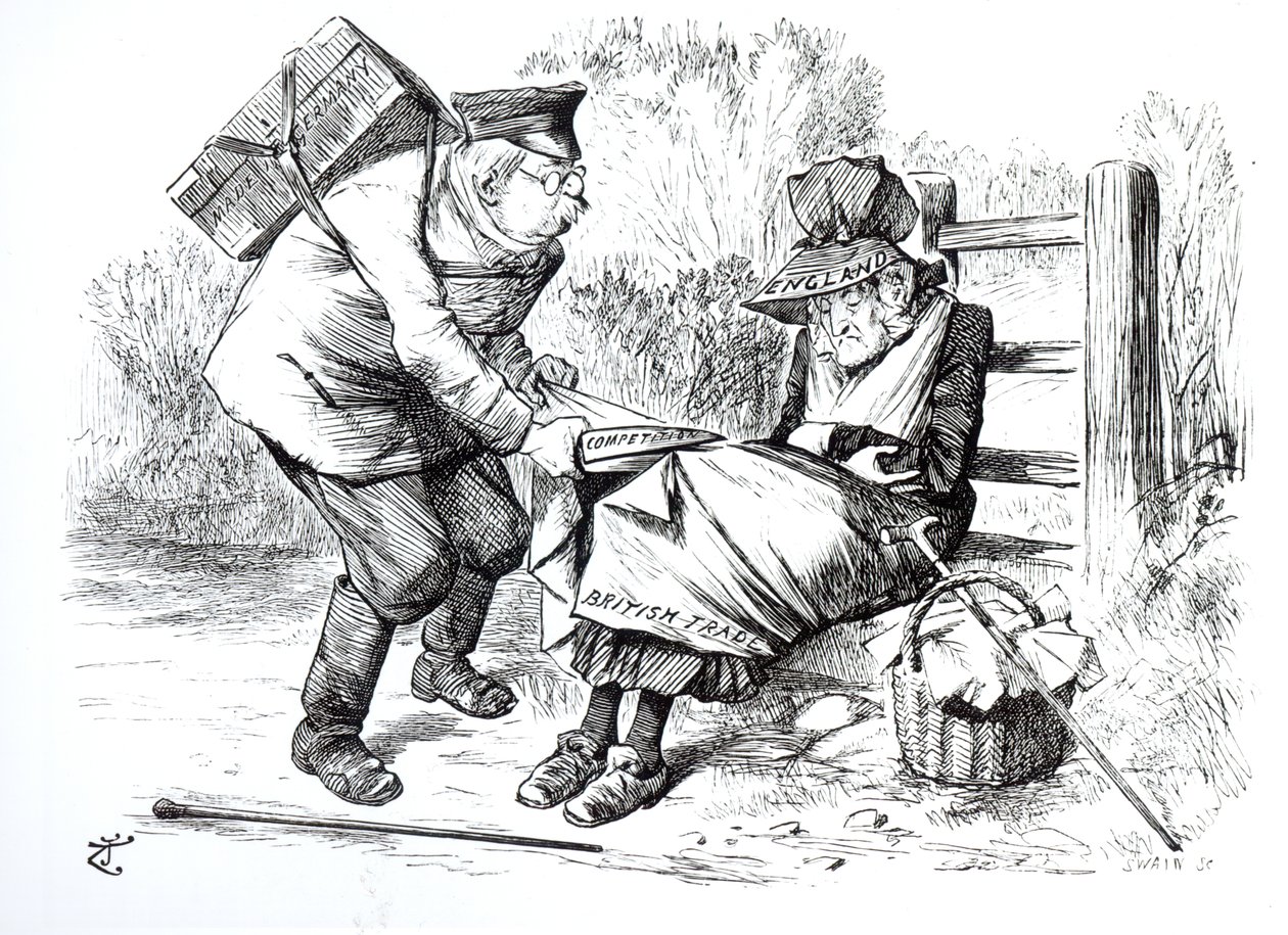 Saksalainen kaupallinen matkustaja varastaa markkinaosuuksia brittiläisestä kaupasta, karikatyyri Punchista, Lontoon Charivari, 5. syyskuuta 1896 tekijältä English School