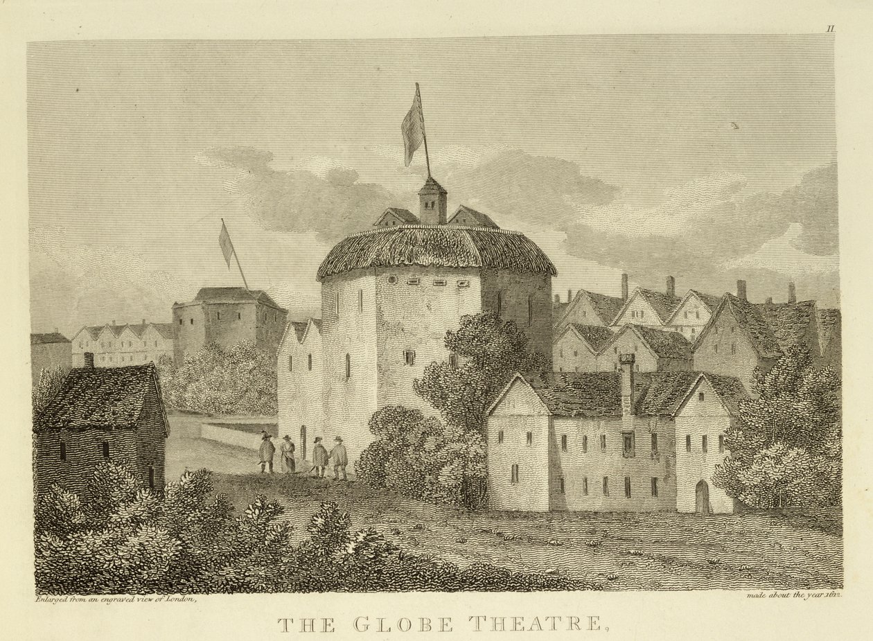 The Globe Theatre on the Bankside sellaisena kuin se esiintyi James I:n hallituskaudella (1566-1625), kaiverruksen n. 1612 jälkeen, julkaistu 1810 tekijältä English School