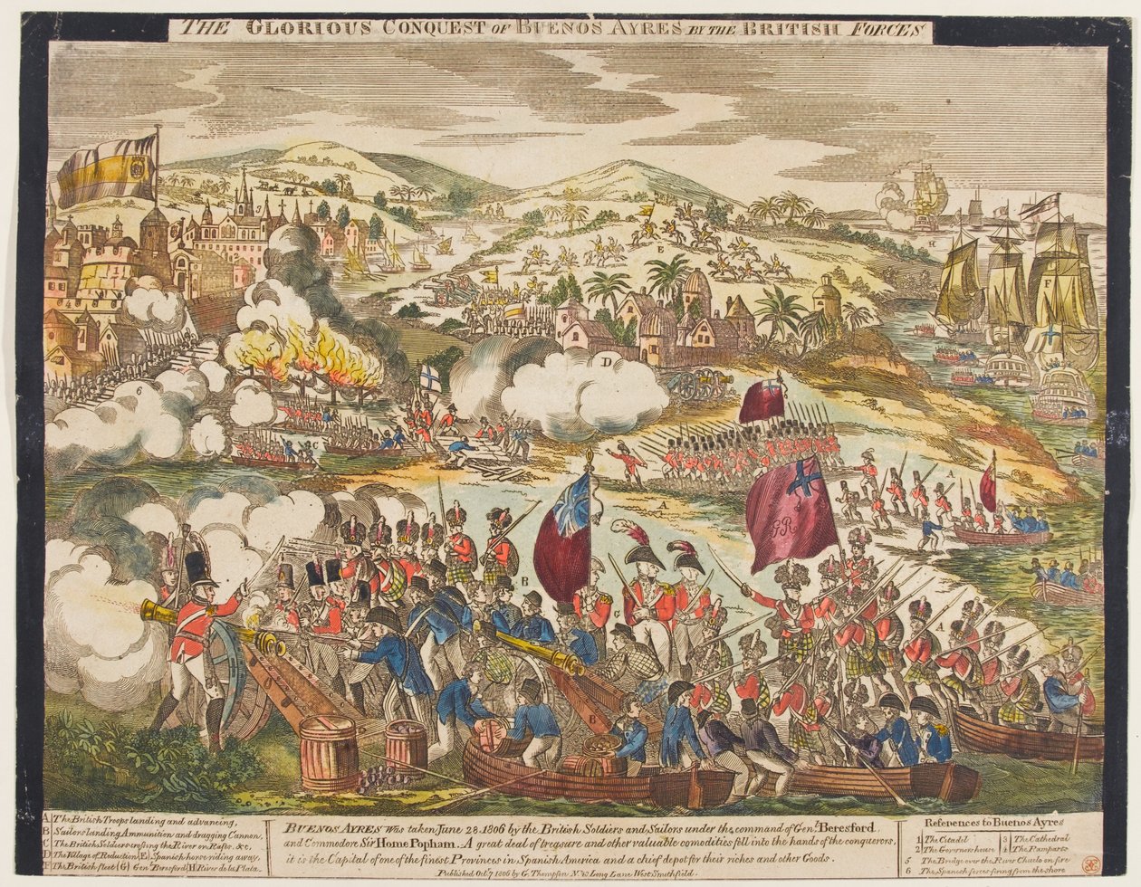Brittiläisten joukkojen Buenos Airesin kunniakas valloitus, 27. kesäkuuta 1806, julkaisija G. Thompson, 1806 (värillinen puupiirros) tekijältä English School