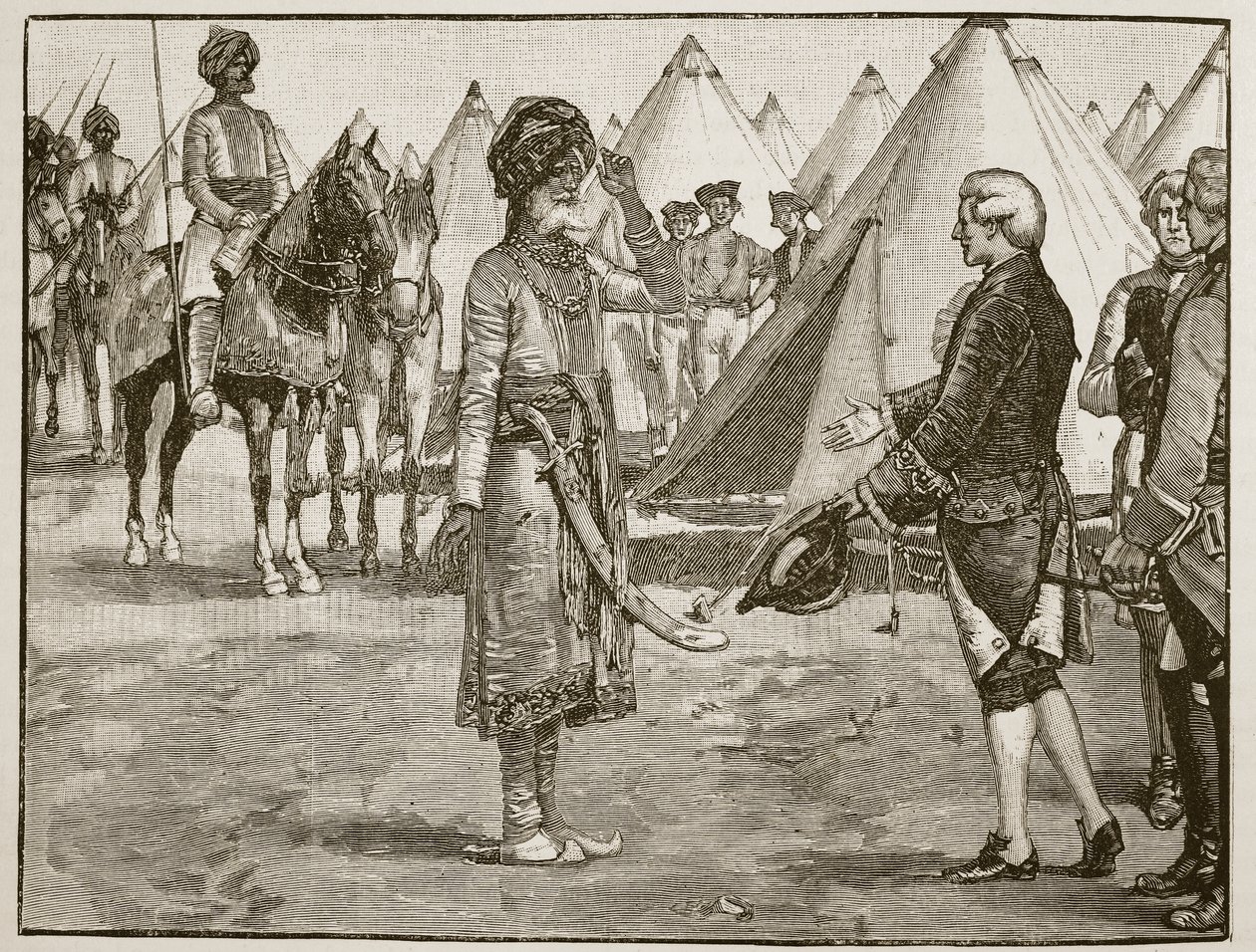 Suuri Moghul saapumassa Englannin leiriin, 1765, kuva Cassells Illustrated History of Englandista (seepiakuva) tekijältä English School