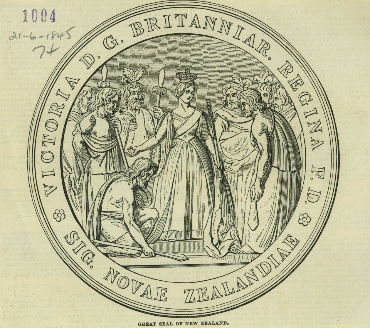 Uuden-Seelannin suuri sinetti, The Illustrated London News, 21. kesäkuuta 1845 tekijältä English School