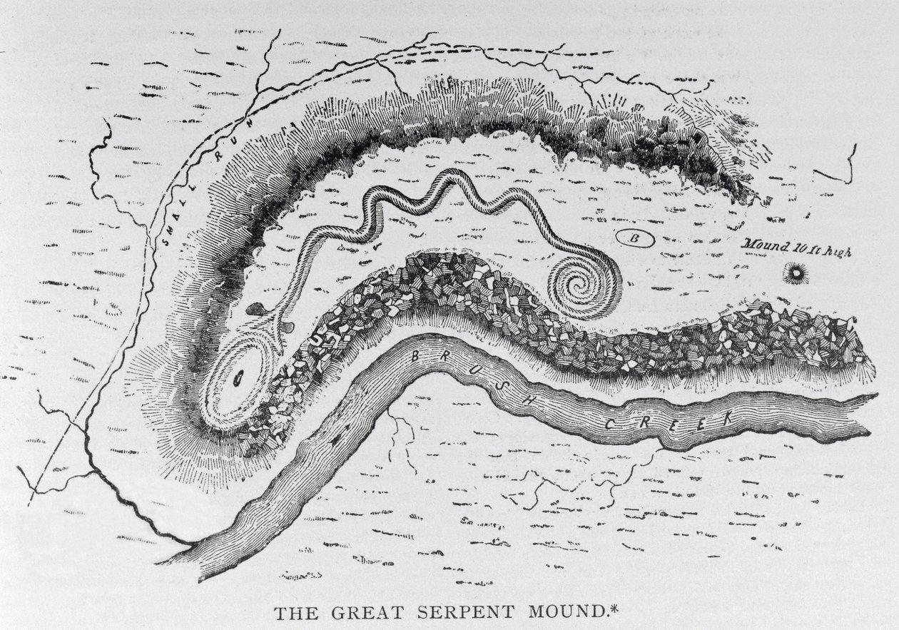 The Great Serpent Mound, lähellä Locust Grovea, Ohio, 2. vuosisadalla eKr., julkaisusta "Amerikan narratiivinen ja kriittinen historia", pub. vuonna 1889 tekijältä English School