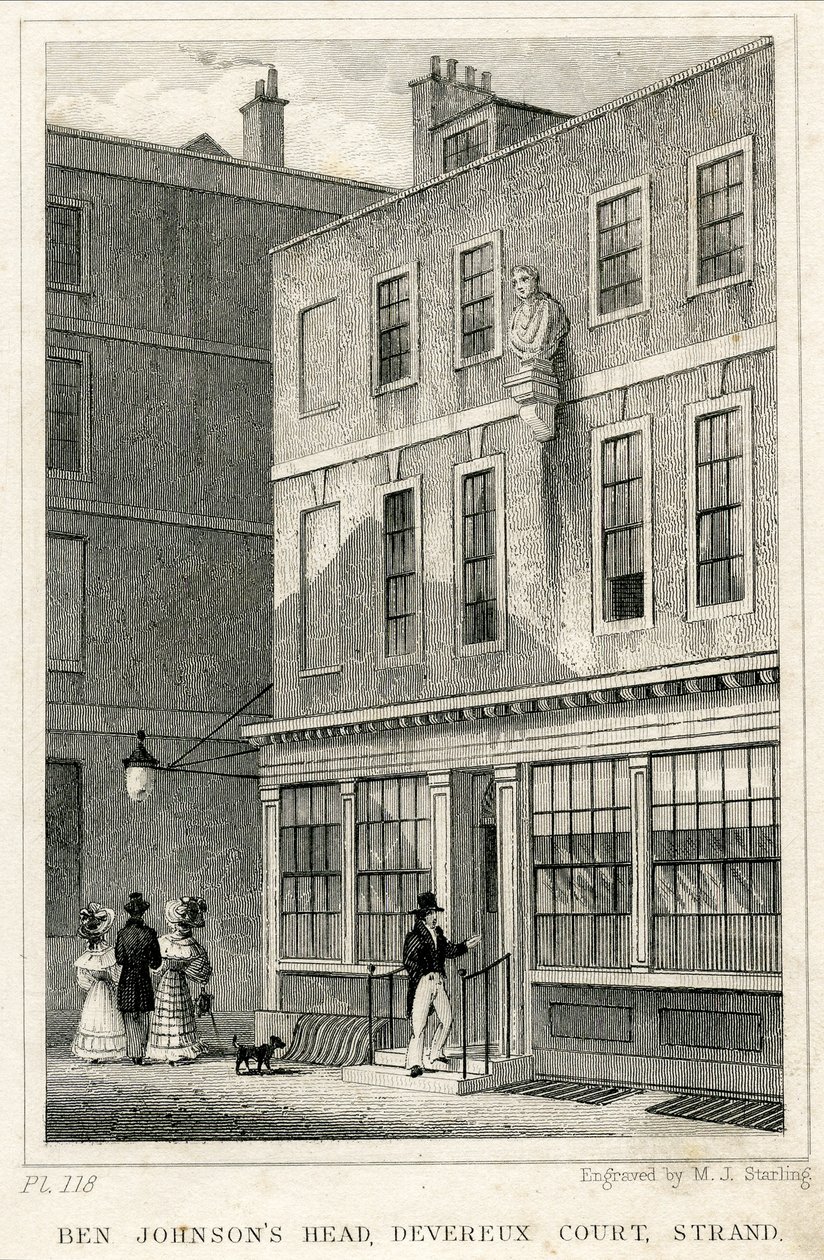 Grecian Coffee House, Devereux Court, Strand, jossa on Ben Johnsonin rintakuva (kaiverrus) tekijältä English School