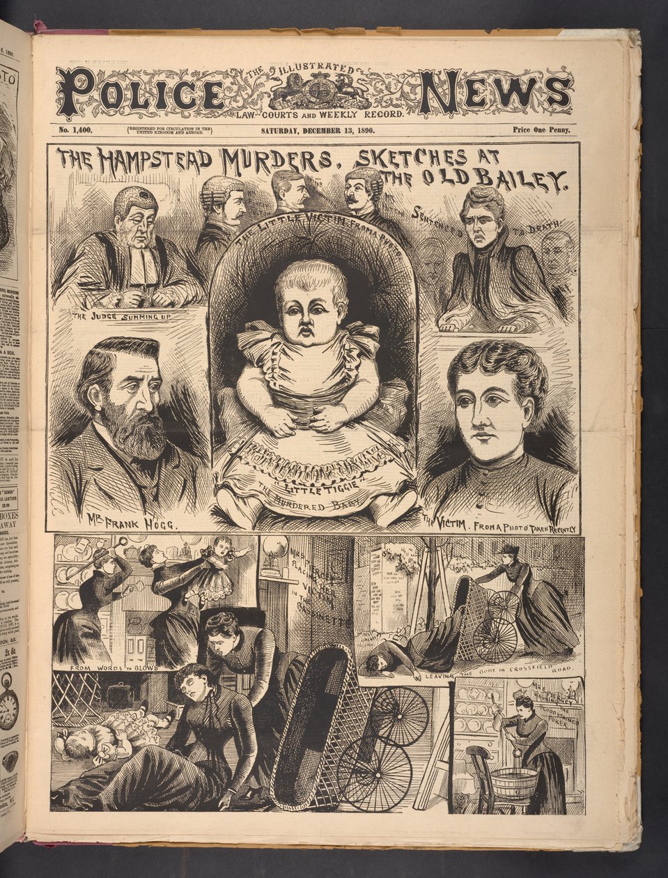 The Hampstead Murders, Sketches at The Old Bailey, The Illustrated Police News -lehdestä, lauantai 13. joulukuuta 1890 (sanomalehti). tekijältä English School