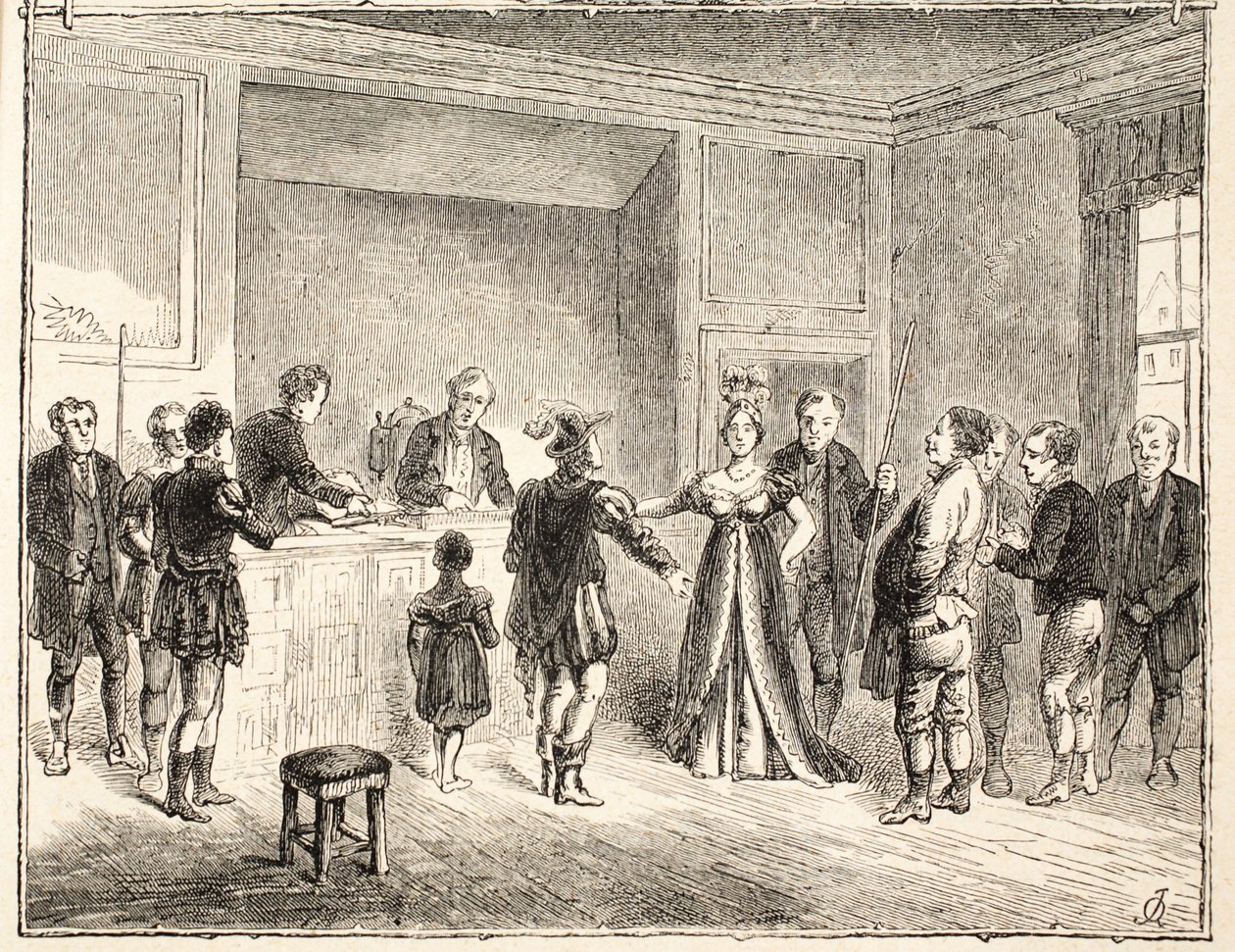 Käsi ja leikkurit, asia Pie-Poudren tuomioistuimessa, piirroksesta vuodelta 1811 tekijältä English School