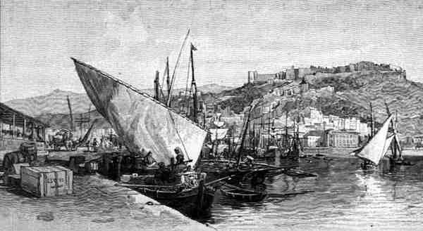 The Harbour, Malaga, Espanja, The Picturesque Mediterranean, Volume 3, julkaisija Cassell and Co. Ltd. tekijältä English School