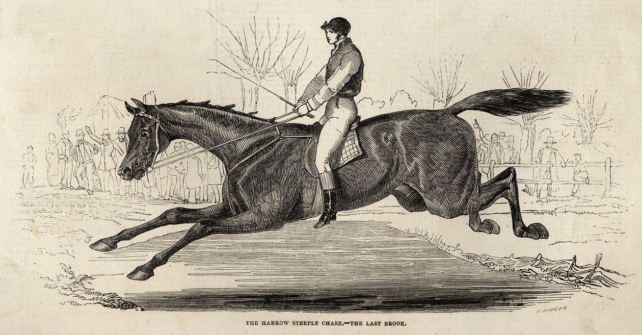 The Harrow Steeple Chase: The Last Brook, "The Illustrated London News", 26. huhtikuuta 1845 (kaiverrus) tekijältä English School