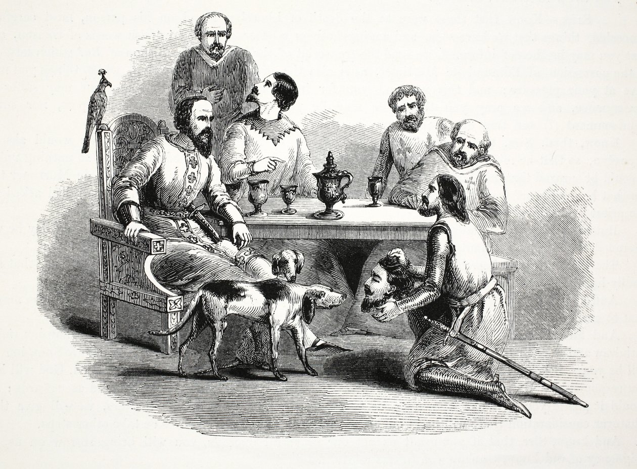 Llewelynin johtaja tuotiin Edwardille Conwayn linnaan, pubiin. 1800-luku (teräskaiverrus) tekijältä English School
