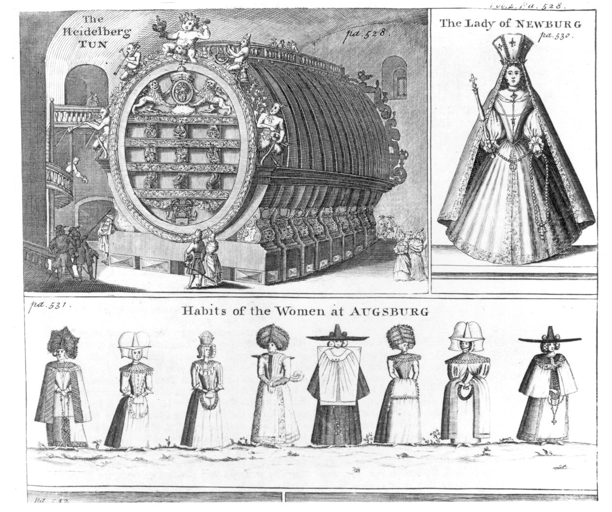 The Heidelberg Tun, The Lady of Newburg ja Habits of the Women of Augsburg, Missons Nouveau voyage dItalie -julkaisusta, julkaistu Harrisin Navigantium atque Itinerantium Bibliotheca -julkaisussa, tarkistettu painos, 174 tekijältä English School