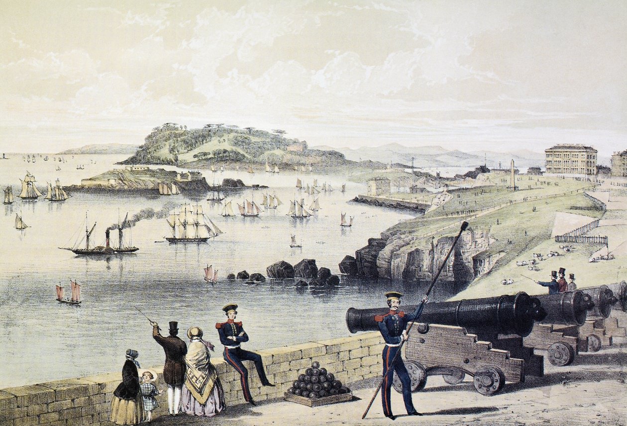 The Hoe, Drakes Island ja Mt Edgecumbe linnoituksesta, julkaisija Newman und Co tekijältä English School