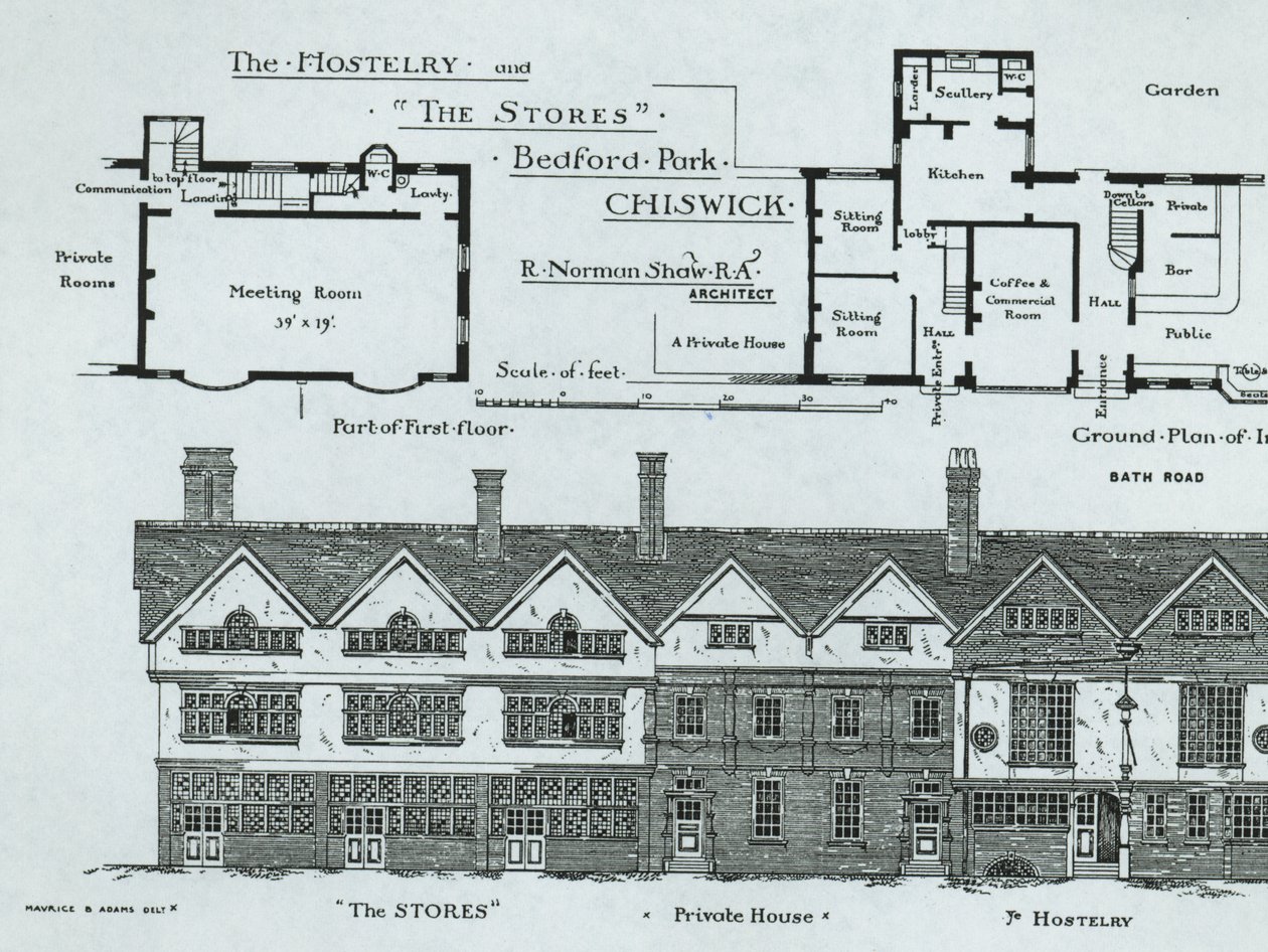 The Hostelry and The Stores, Bedford Park, Chiswick, The Building News, 1877 tekijältä English School