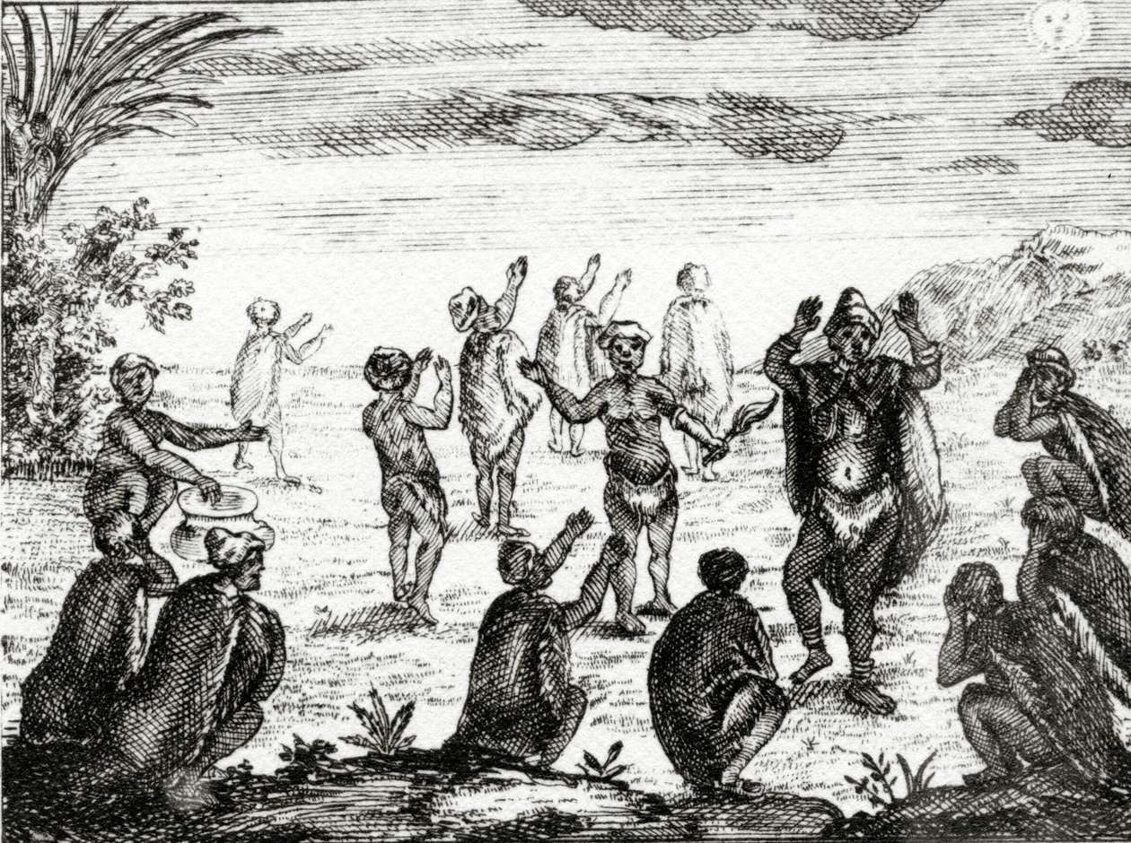 The Hottentots Worship the Moon, kuvitus Peter Kolbin teoksesta "Hyväntoivon niemen nykytila", julkaistu 1731 tekijältä English School