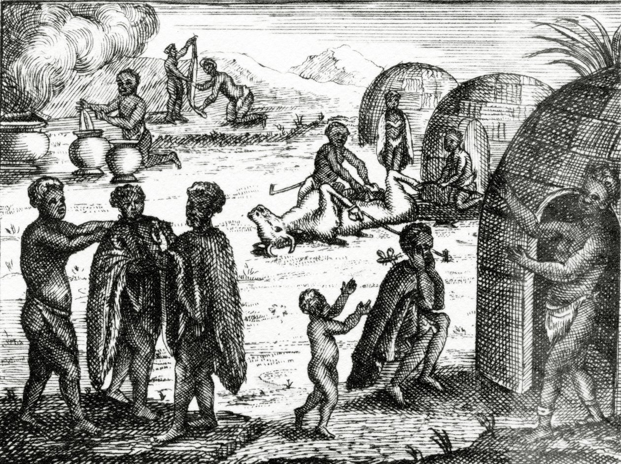Hottentotit rakastavat tiettyä hyönteistä, kuva Peter Kolbin teoksesta "Hyväntoivon niemen nykytila", julkaistu vuonna 1731. tekijältä English School
