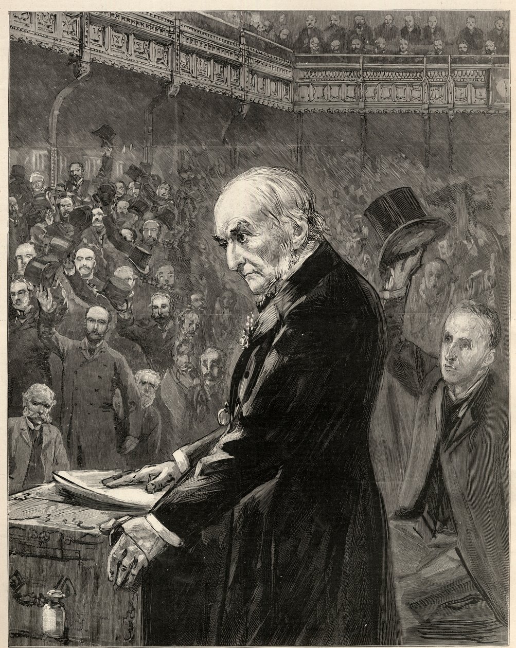 Alahuone, 13. helmikuuta 1893: William Ewart Gladstone, liberaali pääministeri, esittelee toisen kodin sääntölain. tekijältä English School