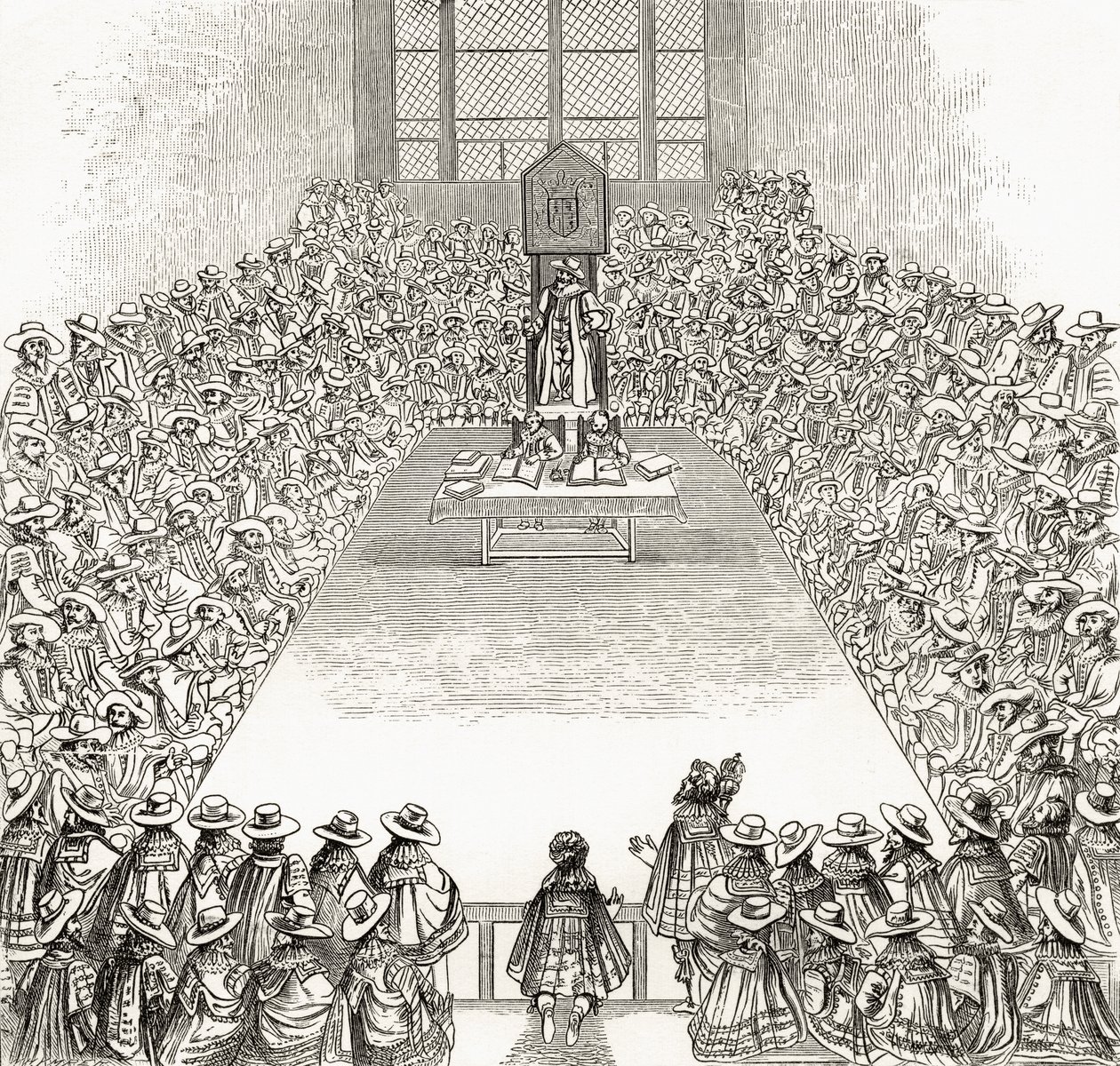 James I:n aikainen alahuone, pastori Richard Lovettin teoksesta "London Pictures: Drawn with Pen and Pencil", julkaistu 1890 tekijältä English School
