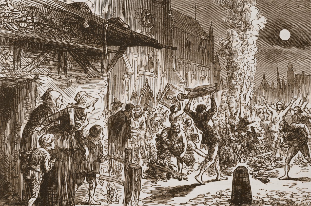 Ikonoklastit Baselissa polttavat kuvia ja epäjumalia, kuvitus James Aitken Wylien (1808-1890) Protestantismin historiasta, pub. 1878 tekijältä English School