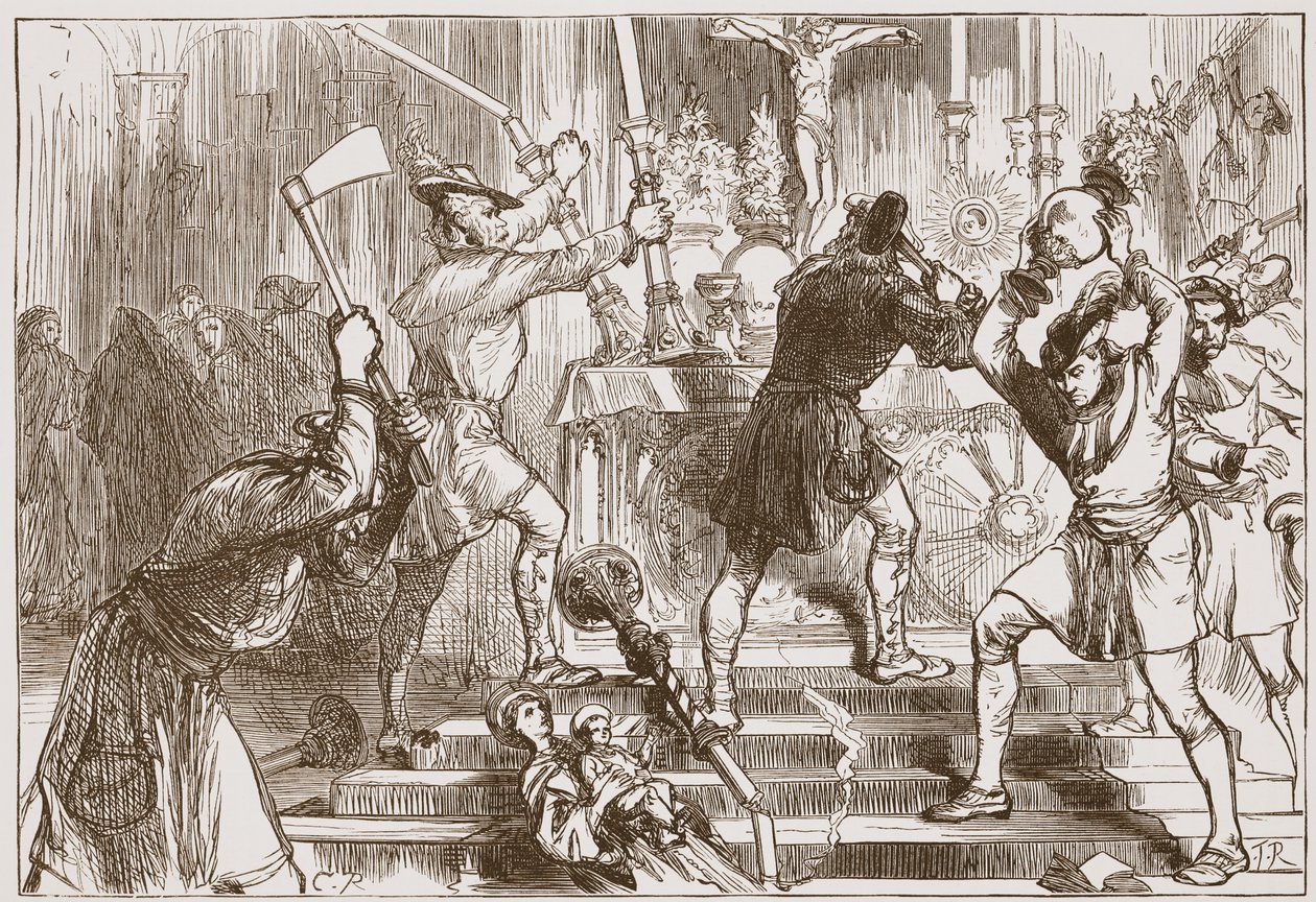 Ikonoklastit tuhoavat roomalaiskatolisen kirkon kuvia ja alttarikoristeita, kuvitus James Aitken Wylien (1808-1890) teoksesta "Protestantismin historia", pub. 1878 (kaiverrus) tekijältä English School