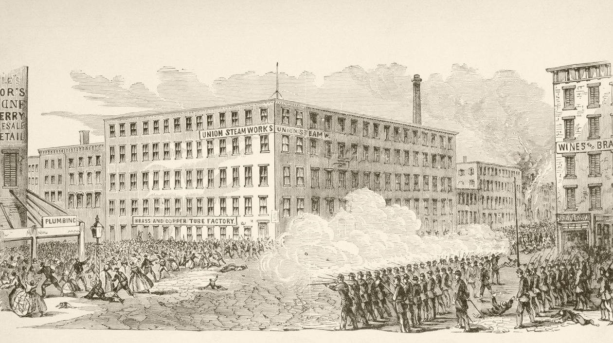 Tapahtuma Second Avenuella New Yorkin mellakoiden aikana heinäkuussa 1863 (litho) tekijältä English School