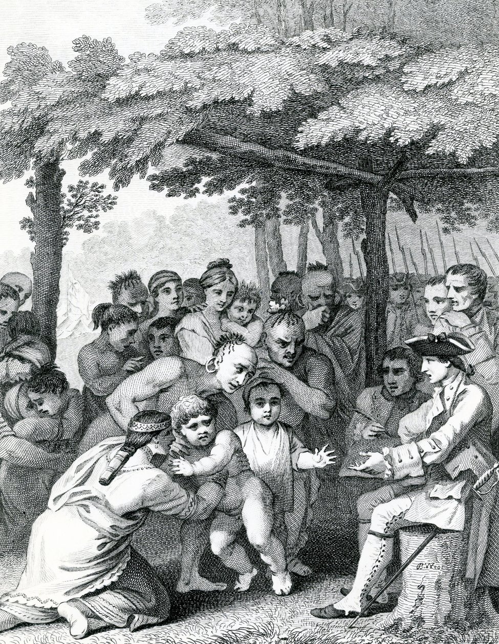Intiaanit luovuttavat englantilaisia vankeja eversti Bouquetille lähellä hänen leiriään Forks of Muskinghamissa Pohjois-Anericassa, kaiverrus Canot, 1764 tekijältä English School