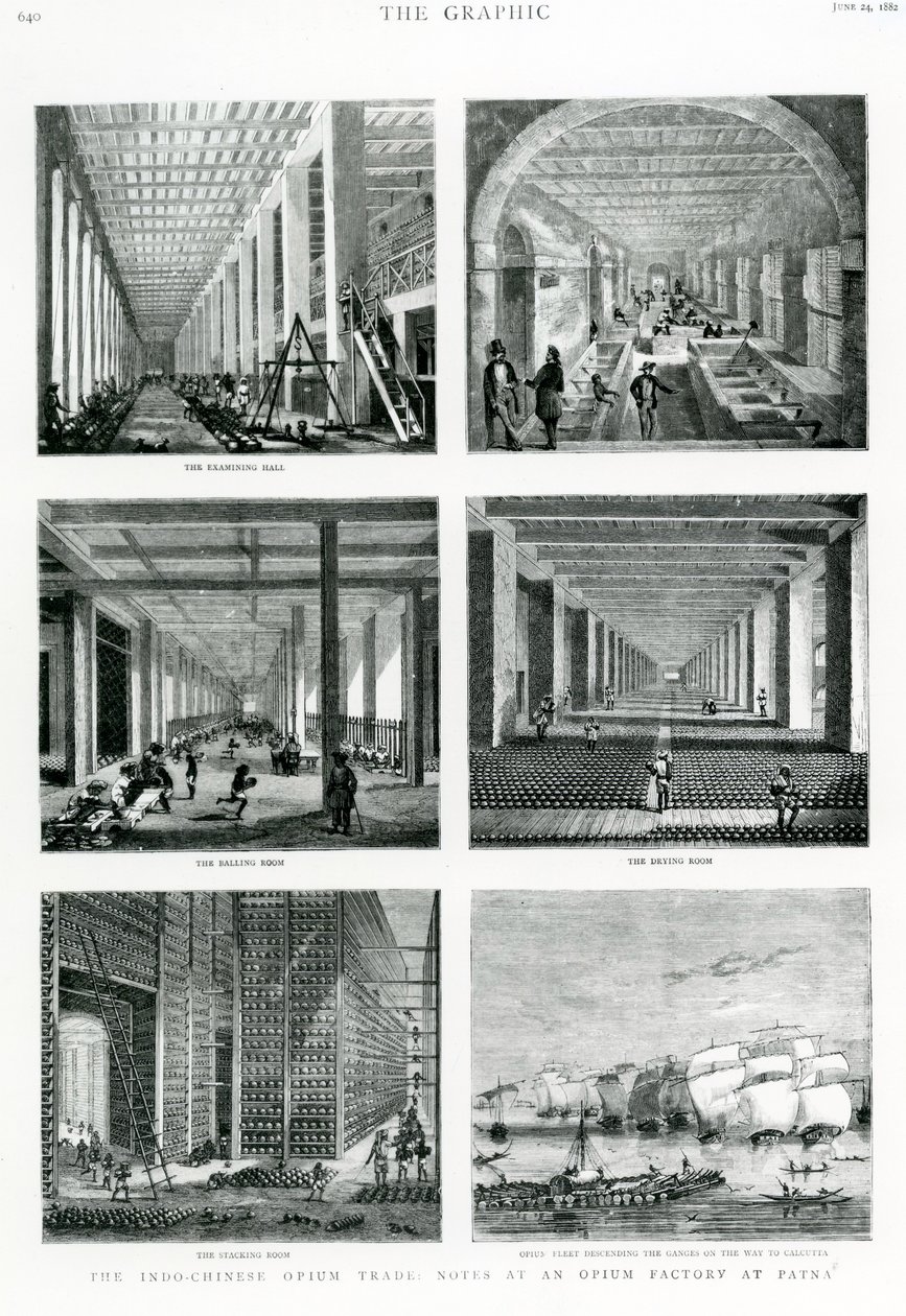 Indokiinalainen oopiumikauppa: Muistiinpanot Patnan oopiumitehtaalla, otettu Graphicista, 1882 tekijältä English School