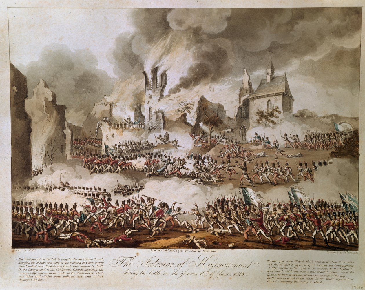 Hougoumontin sisustus taistelun aikana kunniakkaalla 18. kesäkuuta 1815, kaivertanut T. Sutherland, julkaistu 1816 (akvatinta) tekijältä English School