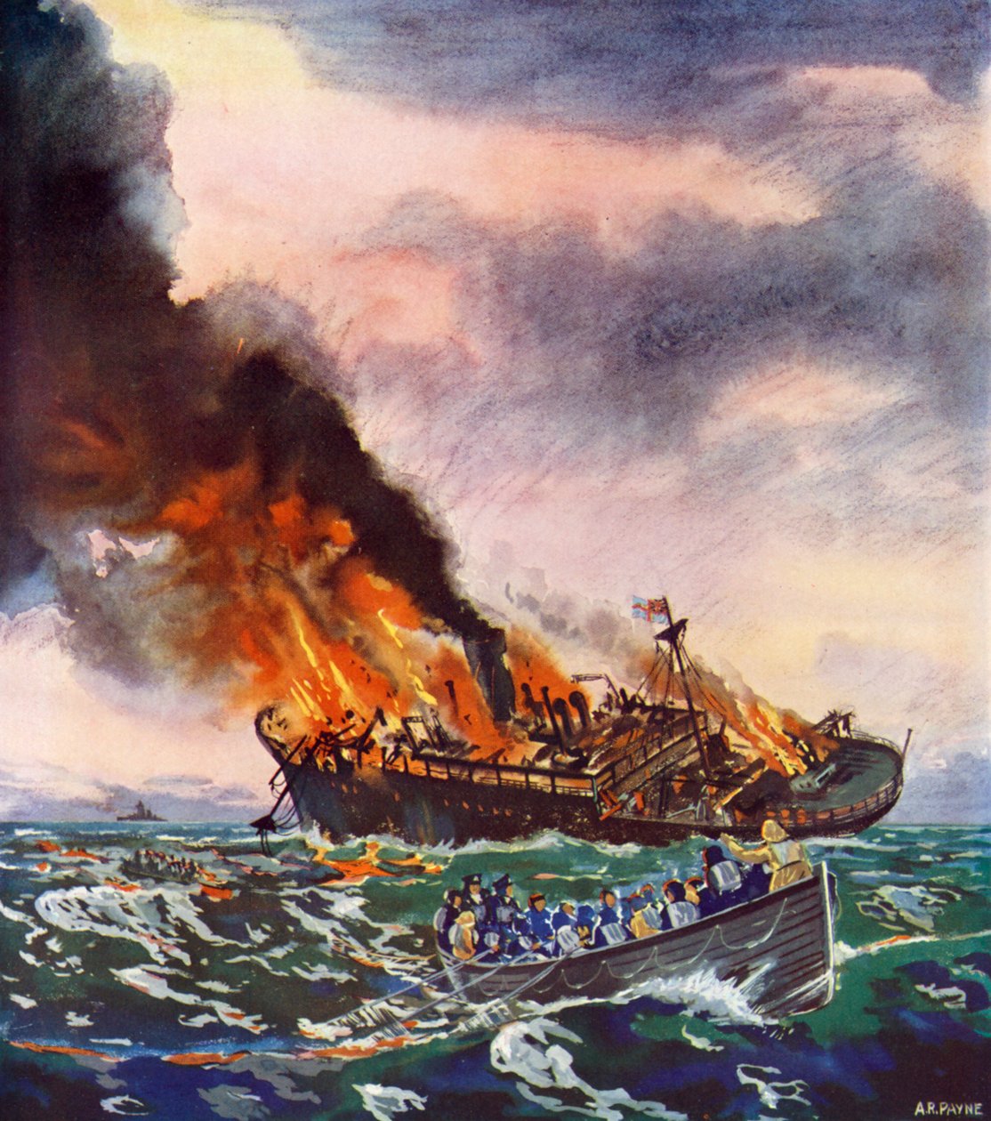 Jervis Bay, uponnut 5. marraskuuta 1940 (värilitografia). tekijältä English School