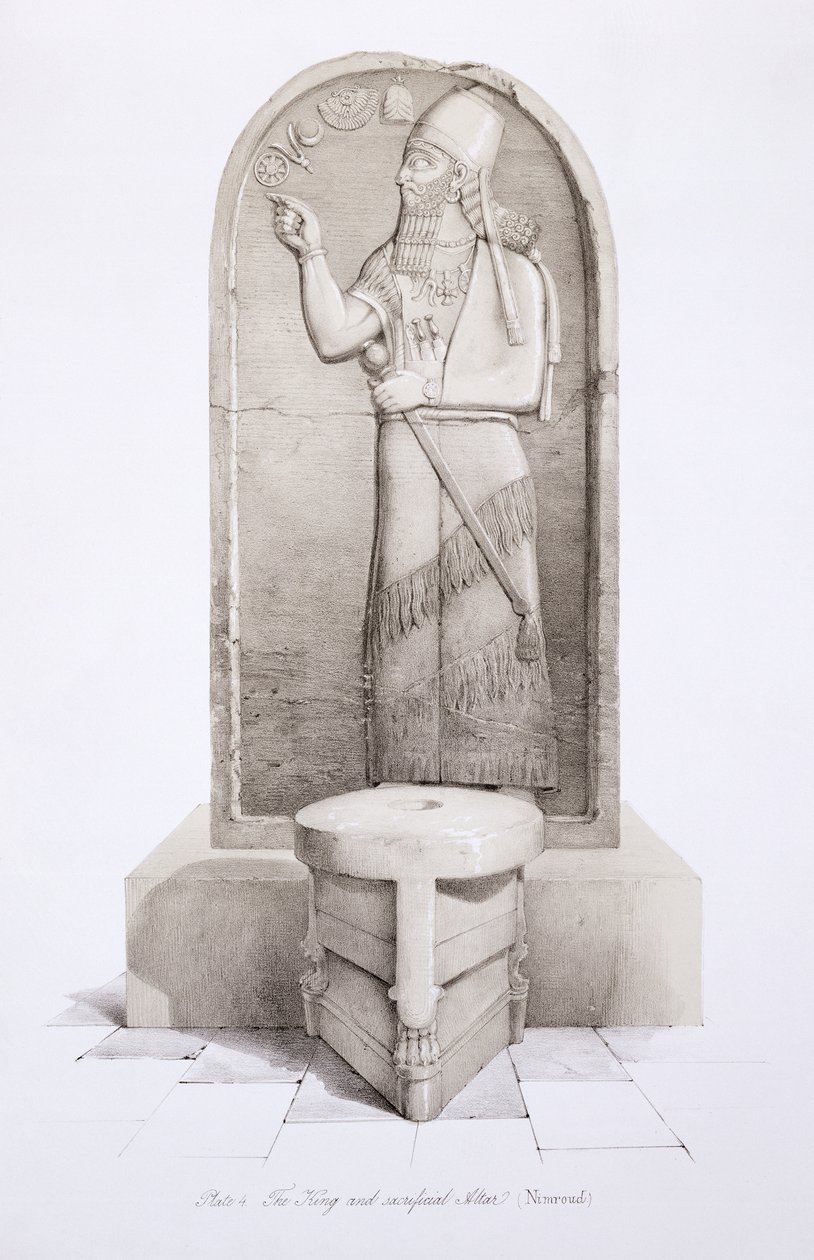 Kuningas ja uhrialttari, Nimrud, levy 4 Ninivestä ja sen jäännökset, Austen Henry Layard (1817-94), julkaistu 1849 tekijältä English School